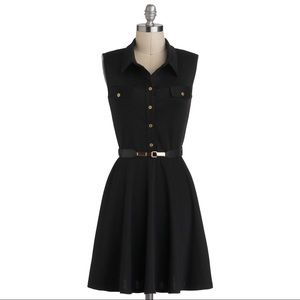 ModCloth Black Collared Button Belted Dress M